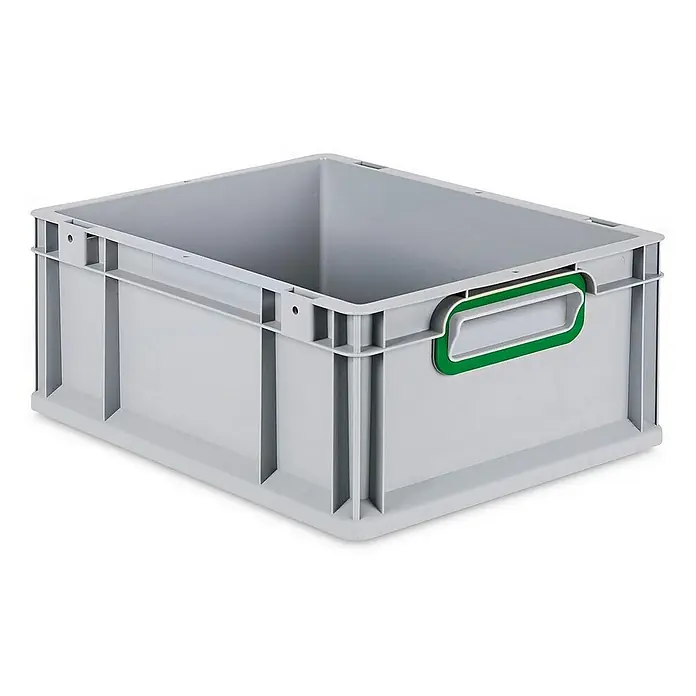 Proregal Eurobox Eurobox NextGen Color - L x B x H: 40 x 30 x 17 cm, Kunststoff, Grau, Grün - Graue Kunststoffbox mit verstärkten Seiten und einem grünen Griff für einfachen Transport und Lagerung.