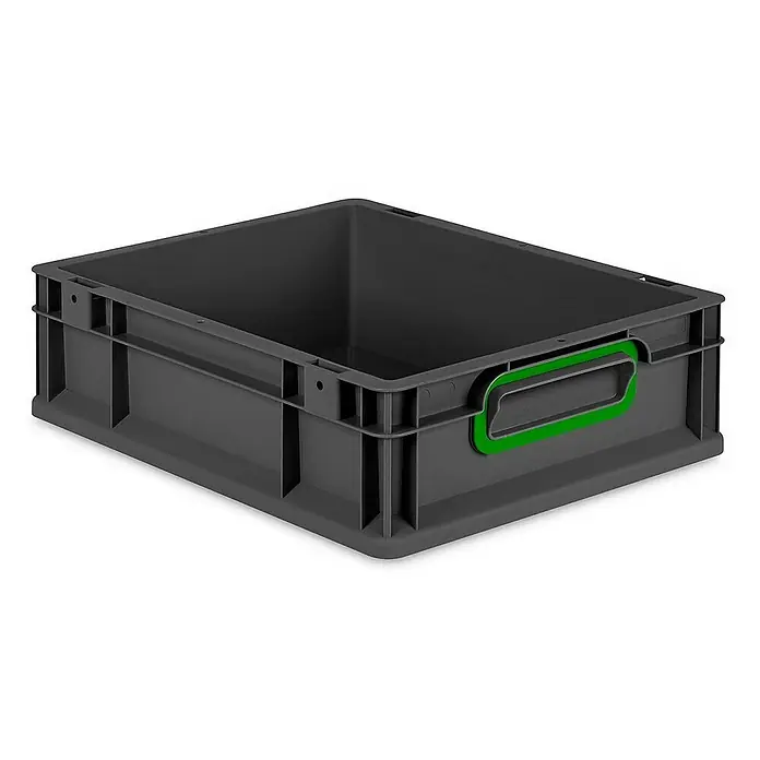 Proregal Eurobox Eurobox NextGen Color - L x B x H: 40 x 30 x 12 cm, Kunststoff, Schwarz, Grün - Eine graue Eurobox mit einem grünen Griff, ideal für Lagerung und Transport von Gegenständen. Vielseitig und robust.