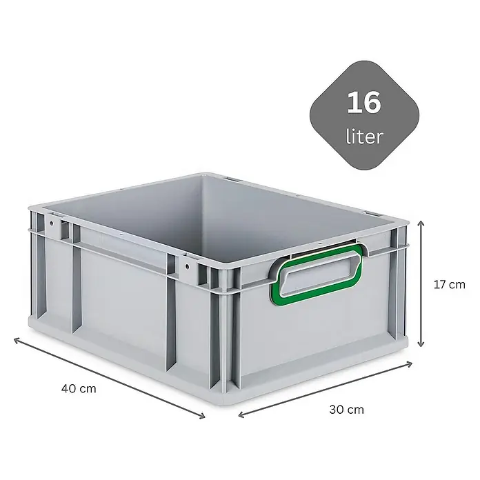 Proregal Eurobox Eurobox NextGen Color - L x B x H: 40 x 30 x 17 cm, Kunststoff, Grau, Grün - Graue 16-Liter-Lagerbox aus Kunststoff mit grünen Griffen und Größenangaben (40 x 30 x 17 cm).