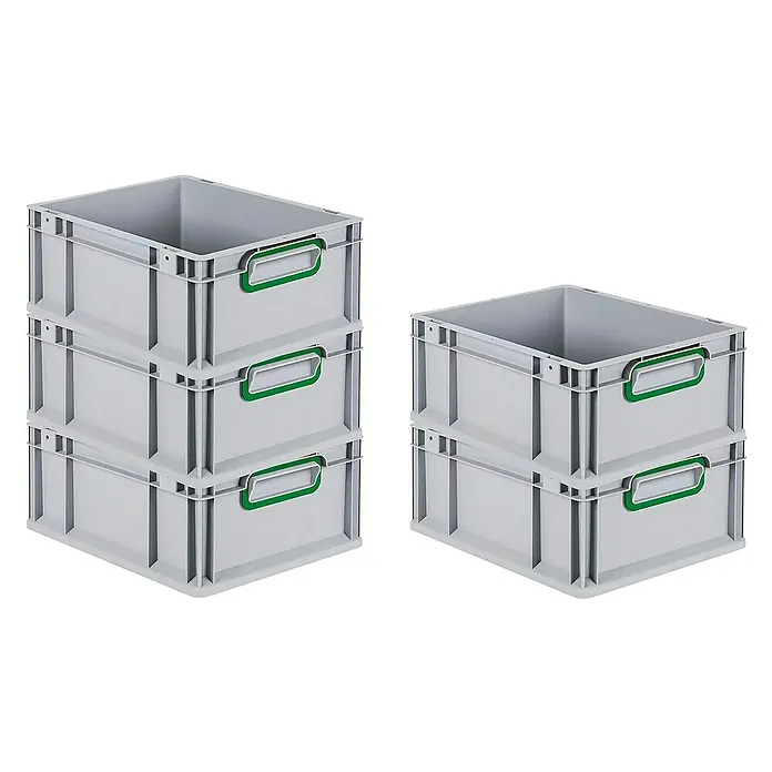 Proregal Eurobox Eurobox NextGen Color - L x B x H: 40 x 30 x 17 cm, Kunststoff, Grau, Grün - Gestapelte graue Kunststoffboxen mit grünen Griffen, ideal für Lagerung und Transport.