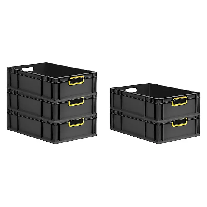 Proregal Eurobox Eurobox NextGen Color - L x B x H: 60 x 40 x 17 cm, Kunststoff, Schwarz, Gelb - Zwei Stapel grauer Kunststoffkisten mit gelben Griffen, ideal zur Lagerung und Organisation.