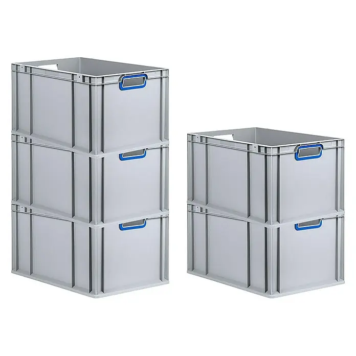 Proregal Eurobox Eurobox NextGen Color - L x B x H: 60 x 40 x 32 cm, Kunststoff, Grau, Blau - Auf dem Foto sind graue Lagerboxen mit blauen Griffen zu sehen, die ordentlich gestapelt sind.