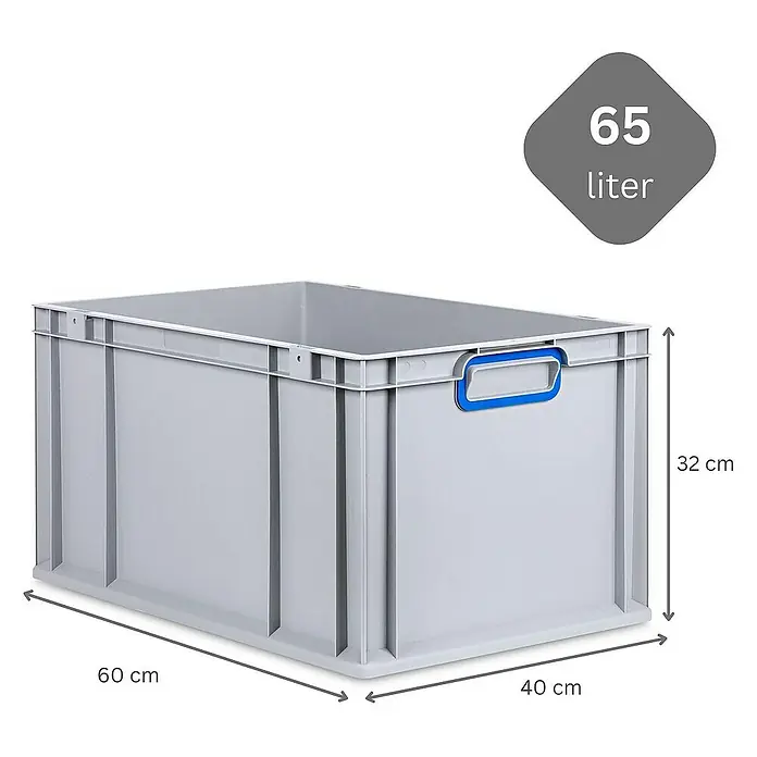 Proregal Eurobox Eurobox NextGen Color - L x B x H: 60 x 40 x 32 cm, Kunststoff, Grau, Blau - Abbildung einer grauen 65-Liter-Kunststoffbox mit blauen Griffen und den Maßen 60 cm x 40 cm x 32 cm.