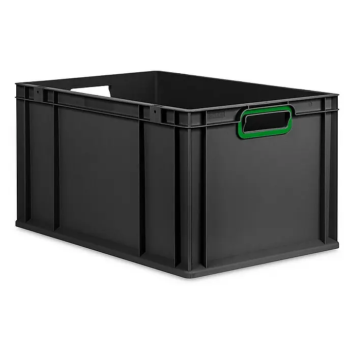 Proregal Eurobox Eurobox NextGen Color - L x B x H: 60 x 40 x 32 cm, Kunststoff, Schwarz, Grün - Abgebildete ist eine schwarze Kunststoffbox mit grünen Griffen, ideal für Lagerung und Organisation. Sie ist robust und vielseitig einsetzbar.
