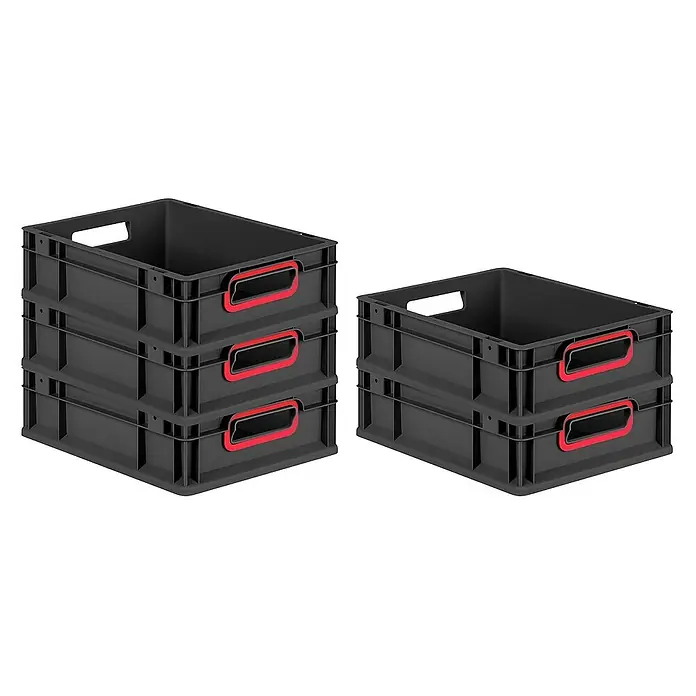 Proregal Eurobox Eurobox NextGen Color - L x B x H: 40 x 30 x 12 cm, Kunststoff, Schwarz, Rot - Stapel von schwarzen Kunststoffbehältern mit roten Griffen. Ideal zur Aufbewahrung und Organisation von Gegenständen im Haushalt oder im Büro.