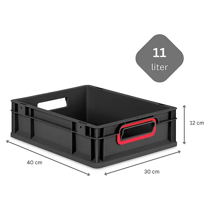 Proregal Eurobox Eurobox NextGen Color - L x B x H: 40 x 30 x 12 cm, Kunststoff, Schwarz, Rot - Abgebildete schwarze Kunststoffbox mit rotem Griff, Maße 40 x 30 x 12 cm und ein Fassungsvermögen von 11 Litern.
