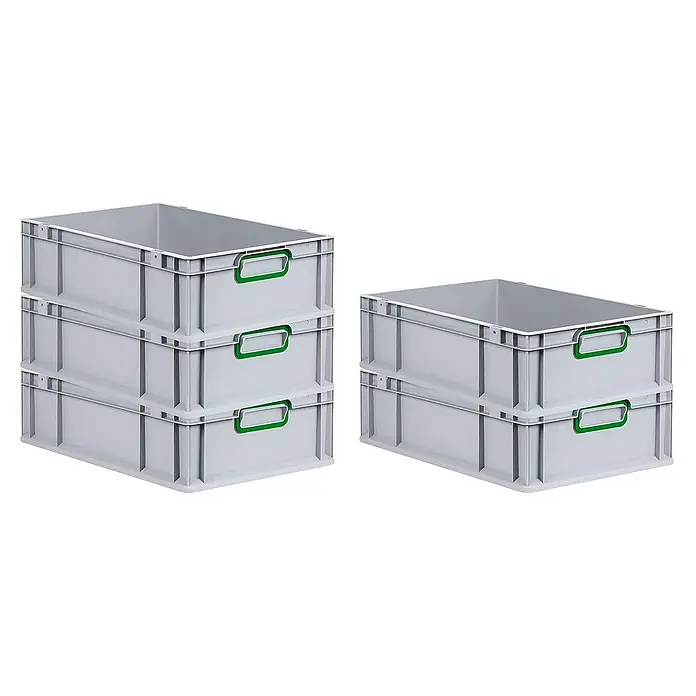 Proregal Eurobox Eurobox NextGen Color - Kunststoff, Grau, Grün - Graue Kunststoffbehälter mit grünen Griffen, gestapelt in zwei verschiedenen Konfigurationen. Perfekt für Lagerung und Organisation.