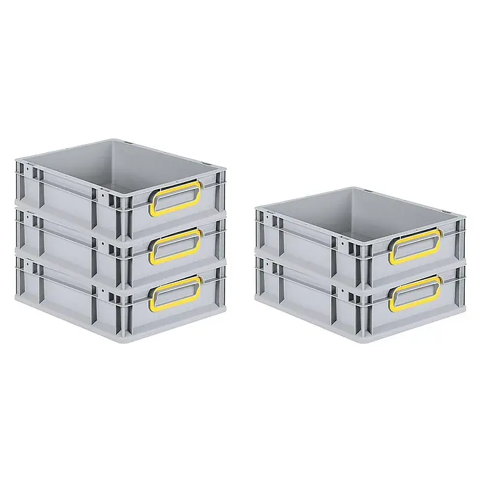 Proregal Eurobox Eurobox NextGen Color - Kunststoff, Grau, Gelb - Das Bild zeigt zwei Stapel grauer Kunststoffboxen mit gelben Griffen, die sich ideal für Lagerung und Organisation eignen.