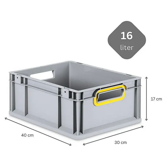 Proregal Eurobox Eurobox NextGen Color - L x B x H: 40 x 30 x 17 cm, Kunststoff, Grau, Gelb - Graue 16-Liter-Kunststoffbox mit gelbem Griff und Größenangaben (40x30x17 cm).