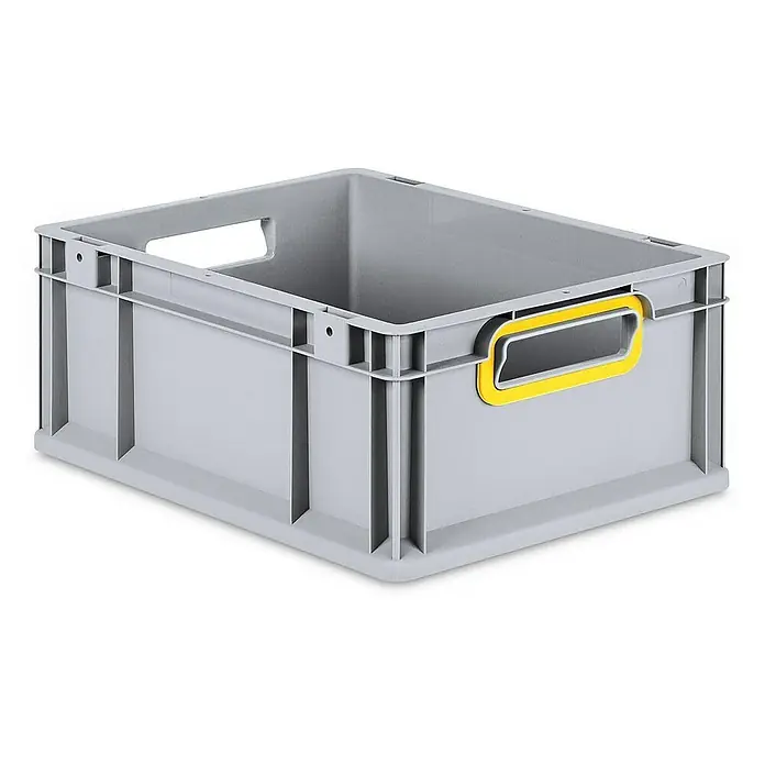Proregal Eurobox Eurobox NextGen Color - L x B x H: 40 x 30 x 17 cm, Kunststoff, Grau, Gelb - Ein grauer Kunststoffbehälter mit gelbem Griffloch. Der robuste Lagerbehälter ist ideal für den industriellen Einsatz und Ordnungssysteme.