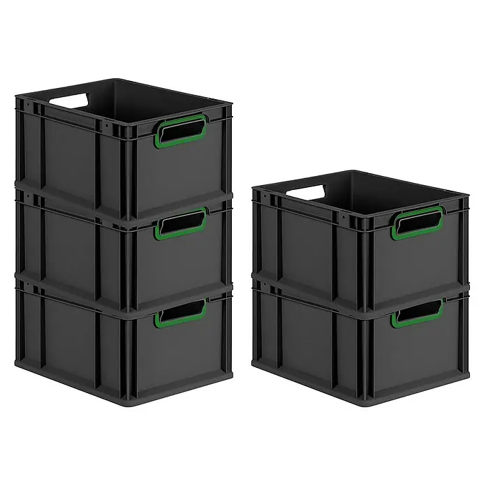 Proregal Eurobox Eurobox NextGen Color - L x B x H: 40 x 30 x 22 cm, Kunststoff, Schwarz, Grün - Gestapelte graue Aufbewahrungsboxen mit grünen Griffen, ideal für Ordnung und Lagerung. Praktische Kunststoffkisten für vielseitige Nutzung.