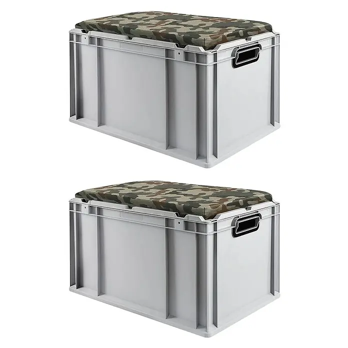 Proregal Eurobox Eurobox NextGen Seat Box Camouflage - L x B x H: 60 x 40 x 36,5 cm, Kunststoff, Grau, Camouflage - Zwei graue Aufbewahrungsboxen mit Tarnmuster-Sitzkissen für zusätzlichen Komfort und Stauraum.