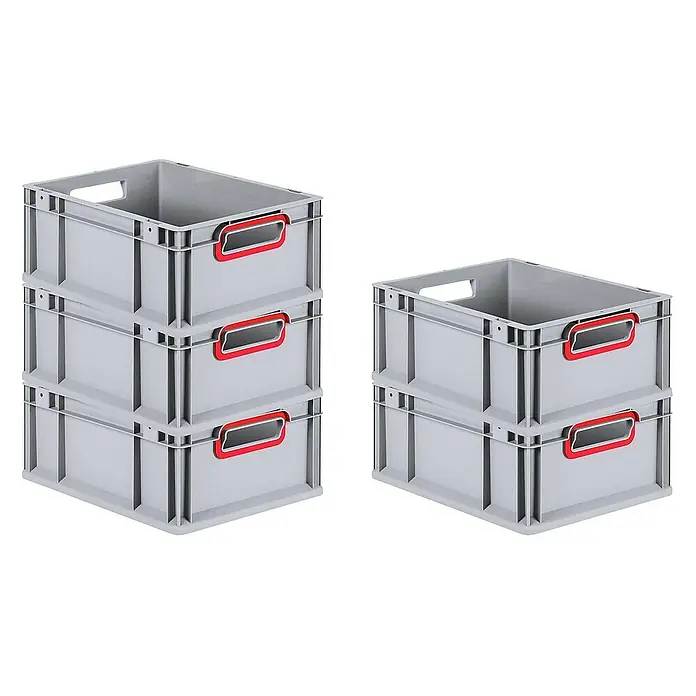 Proregal Eurobox Eurobox NextGen Color - Kunststoff, Grau, Rot - Stapelbare graue Kunststoffbehälter mit roten Griffen in zwei Stapeln. Eine praktische Aufbewahrungslösung für verschiedene Gegenstände im Haushalt oder Büro.
