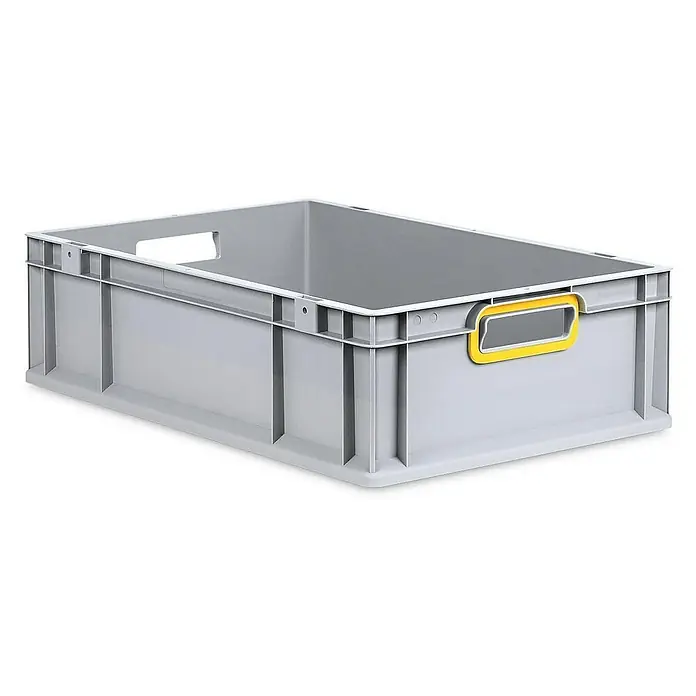 Proregal Eurobox Eurobox NextGen Color - L x B x H: 60 x 40 x 17 cm, Kunststoff, Grau, Gelb - Ein grauer Eurobehälter mit gelbem Etikettenhalter, ideal für Lagerung und Transport. Robust und stapelbar für vielfältige Anwendungen.