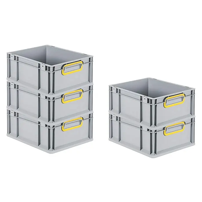 Proregal Eurobox Eurobox NextGen Color - Kunststoff, Grau, Gelb - Stapelbare graue Kunststoffboxen mit gelben Griffen in verschiedenen Stapelhöhen für Lagerung und Organisation.
