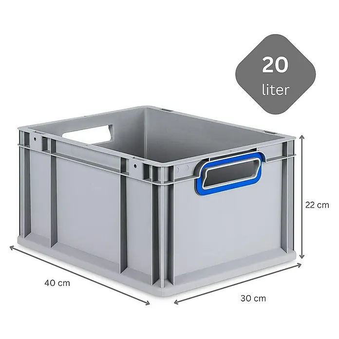 Proregal Eurobox Eurobox NextGen Color - Kunststoff, Grau, Blau - Graue 20-Liter-Kunststoffbox mit blauen Griffen, ideal für Lagerung und Transport. Die Maße sind 40x30x22 cm.