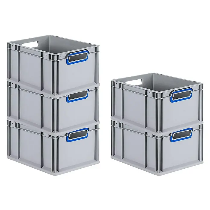 Proregal Eurobox Eurobox NextGen Color - Kunststoff, Grau, Blau - Gestapelte graue Kunststoffboxen mit blauen Griffen. Praktische Aufbewahrungslösung für Ordnung und Organisation.