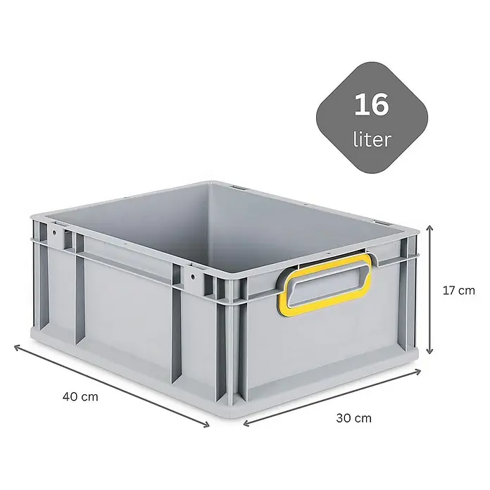 Proregal Eurobox Eurobox NextGen Color - Kunststoff, Grau, Gelb - Graue 16-Liter-Kunststoffbox mit gelben Griffen und den Maßen 40 x 30 x 17 cm.