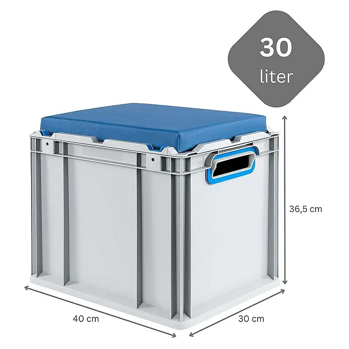 Proregal Eurobox Eurobox NextGen Seat Box Blau - L x B x H: 40 x 30 x 36,5 cm, Kunststoff, Grau, Blau - Auf dem Bild ist eine graue Eurobox mit blauem Deckel zu sehen. Die Box hat die Maße 40x30x36,5 cm und ein Volumen von 30 Litern.