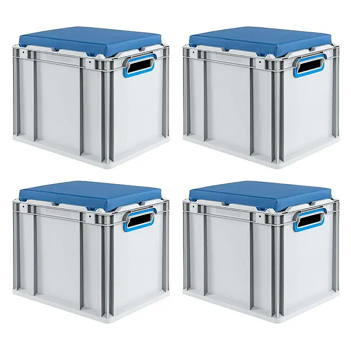 Proregal Eurobox Eurobox NextGen Seat Box Blau - L x B x H: 40 x 30 x 36,5 cm, Kunststoff, Grau, Blau - Bild von vier grauen Aufbewahrungsboxen mit blauen Sitzkissen. Praktische und stilvolle Lösung für Stauraum mit Komfort.
