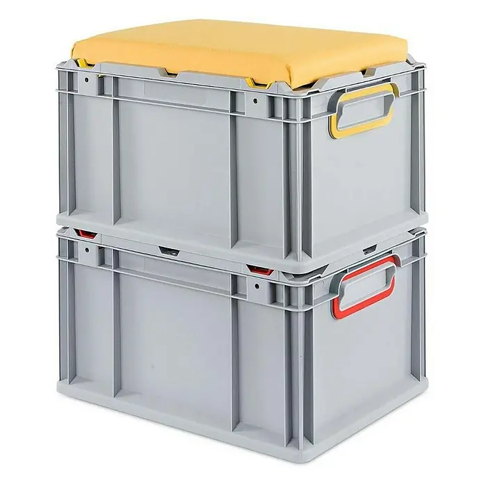 Proregal Eurobox Eurobox NextGen Seat Box Blau - L x B x H: 40 x 30 x 36,5 cm, Kunststoff, Grau, Blau - Zwei graue Euroboxen übereinander gestapelt, die obere mit einem gelben Sitzkissen für zusätzlichen Komfort und Stauraum.
