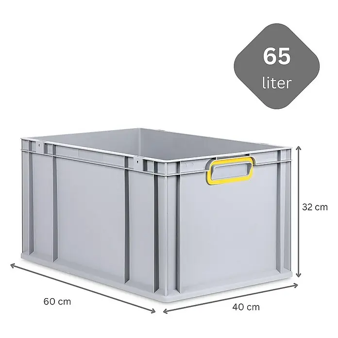 Proregal Eurobox Eurobox NextGen Color - L x B x H: 60 x 40 x 32 cm, Kunststoff, Grau, Gelb - Graue Kunststoffbox mit gelbem Griff, ideal zur Aufbewahrung. Sie bietet ein Volumen von 65 Litern und Ordnung im Haushalt.
