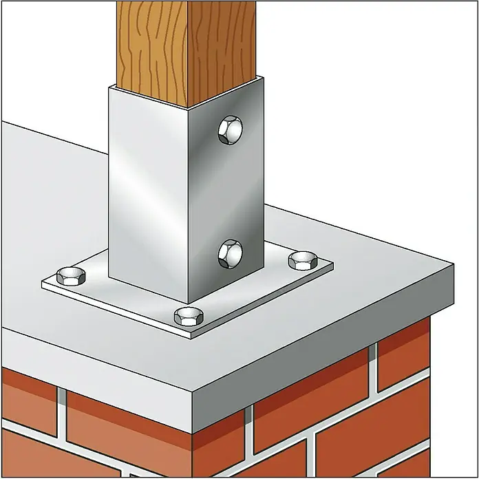 Alberts Aufschraubhülse - L x B: 71 x 71 mm, Verzinkt - Holzpfosten-Befestigungselement aus Metall, das mit Bolzen an einer Betonoberfläche befestigt ist.‎