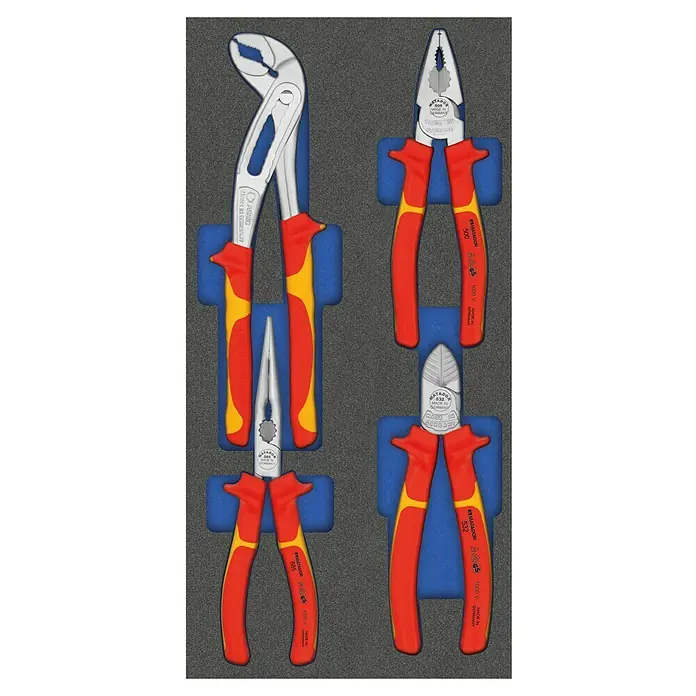 Matador Tool System Zangen-Set Elektro - 4 -tlg. - Das Bild zeigt ein Matador Werkzeugset mit vier verschiedenen Zangen, ordentlich in einem Schaumstoff-Einsatz platziert. Perfekt für den professionellen Einsatz.