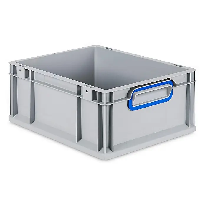 Proregal Eurobox Eurobox NextGen Color - Kunststoff, Grau, Blau - Eine graue Kunststoffbox mit blauem Griff für Lagerung und Transport, ideal für Ordnung in Werkstatt und Lager.
