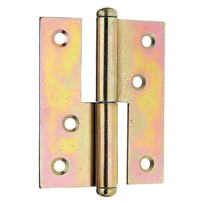 Stabilit AushebescharnierB x H: 65 x 80 mm, Stärke: 1,8 mm, Verzinkt, Rechts - Nahaufnahme eines goldfarbenen Türscharniers mit abgerundeten Enden und Befestigungslöchern für eine einfache Installation.