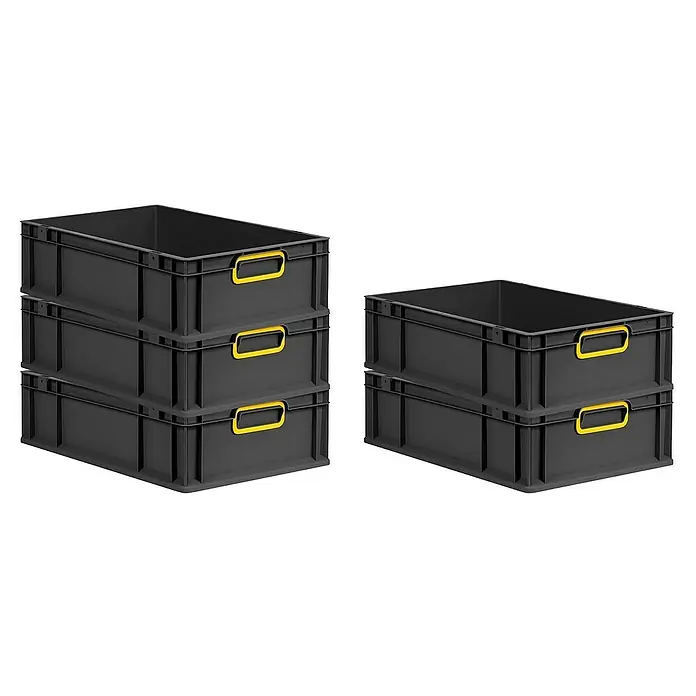 Proregal Eurobox Eurobox NextGen Color - L x B x H: 60 x 40 x 17 cm, Kunststoff, Schwarz, Gelb - Gestapelte graue Kunststoffboxen mit gelben Griffen für Lagerung und Organisation. Praktische Aufbewahrungslösung.