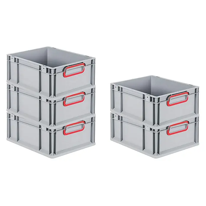 Proregal Eurobox Eurobox NextGen Color - L x B x H: 40 x 30 x 17 cm, Kunststoff, Grau, Rot - Stapelbare Eurobehälter in Grau mit roten Griffen, ideal für Lagerung und Transport. Robuste Kunststoffkisten für den professionellen Einsatz.