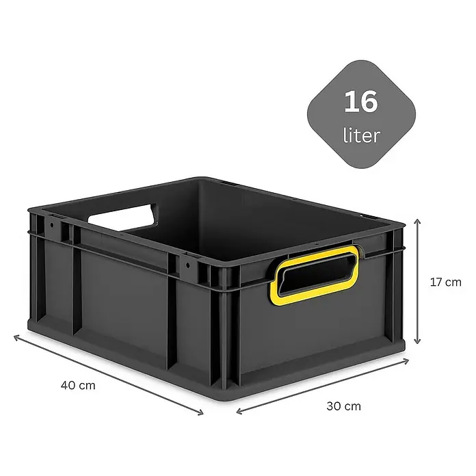 Proregal Eurobox Eurobox NextGen Color - L x B x H: 40 x 30 x 17 cm, Kunststoff, Schwarz, Gelb - Abgebildet ist eine graue 16-Liter-Eurobox aus Kunststoff mit gelbem Griff und den Maßen 40x30x17 cm, ideal für Lagerung.