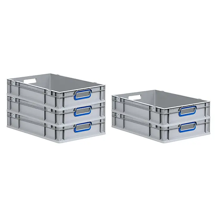 Proregal Eurobox Eurobox NextGen Color - L x B x H: 60 x 40 x 12 cm, Kunststoff, Grau, Blau - Graue Kunststoffbehälter im Stapel, ideal für Lagerung und Transport. Praktische, robuste Boxen mit blauen Griffen für einfache Handhabung.