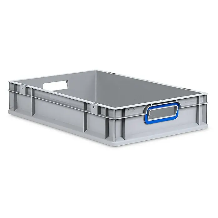 Proregal Eurobox Eurobox NextGen Color - L x B x H: 60 x 40 x 12 cm, Kunststoff, Grau, Blau - Ein grauer Lagerbehälter aus Kunststoff mit blauen Griffen und verstärkten Seitenwänden, ideal für Lagerung und Transport.
