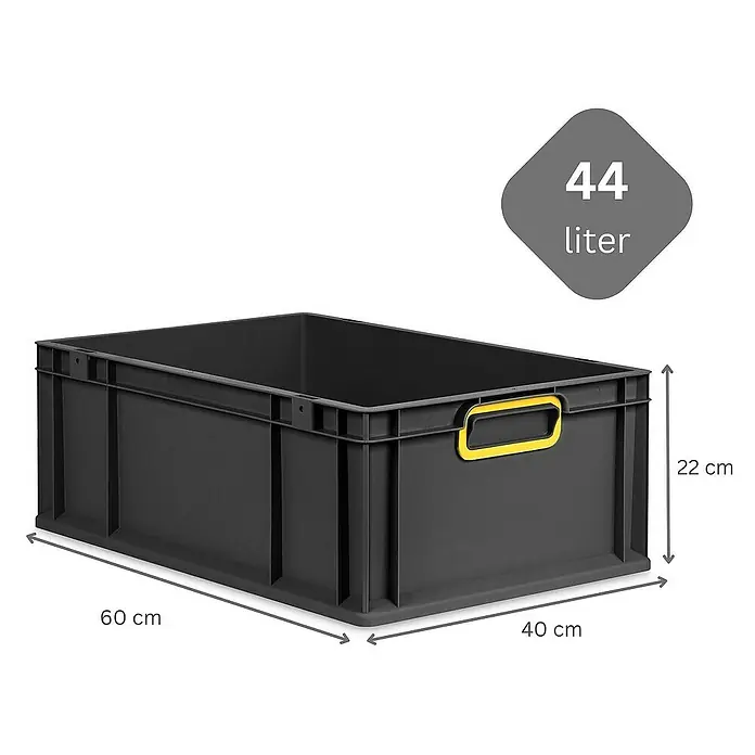 Proregal Eurobox Eurobox NextGen Color - L x B x H: 60 x 40 x 22 cm, Kunststoff, Schwarz, Gelb - Bild eines schwarzen 44-Liter-Stapelbehälters mit gelben Griffen und Maßangaben.