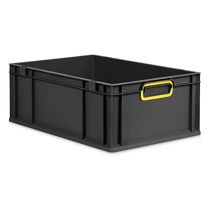Proregal Eurobox Eurobox NextGen Color - L x B x H: 60 x 40 x 22 cm, Kunststoff, Schwarz, Gelb - Abgebildet ist eine schwarze Kunststoffbox mit gelbem Griff. Sie ist leer und hat eine robuste Bauweise für den Transport.