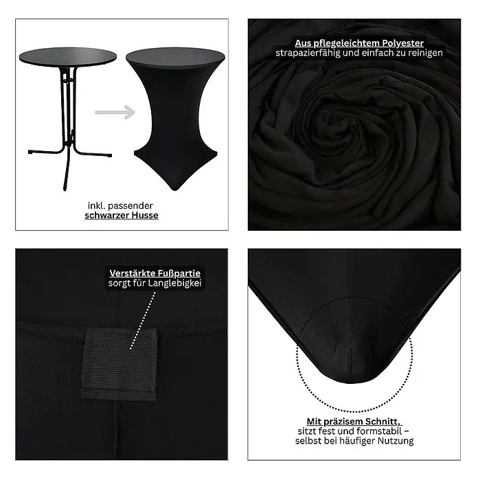 Chefgastro Garten-Stehtisch rund mit Hussen - Ø x H: 80 x 110 cm, Klappbar, Schwarz - Produktbild mit Details zur schwarzen Stretch-Husse für Stehtische, inklusive Materialbeschaffenheit und verstärkten Fußpartien.