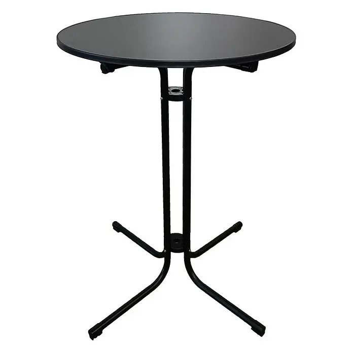 Chefgastro Garten-Stehtisch rund mit Hussen - Ø x H: 80 x 110 cm, Klappbar, Schwarz - Hier ist ein Stehtisch mit einer runden, schwarzen Tischplatte und einem schwarzen Metallgestell.