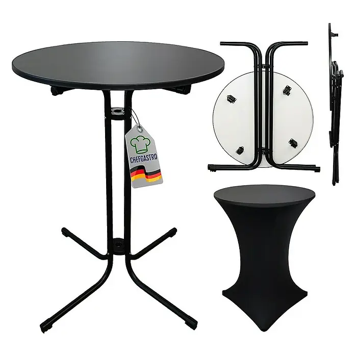 Chefgastro Garten-Stehtisch rund mit Hussen - Ø x H: 80 x 110 cm, Klappbar, Schwarz - Abbildung eines runden, zusammenklappbaren Stehtisches mit schwarzer Tischplatte und schwarzem Fußgestell, plus Zubehör.