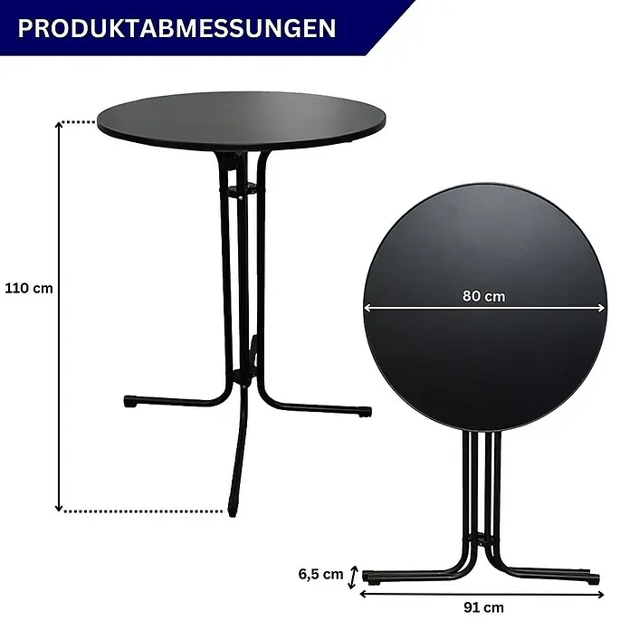 Chefgastro Garten-Stehtisch rund mit Hussen - Ø x H: 80 x 110 cm, Klappbar, Schwarz - Produktabmessungen: Der schwarze Stehtisch hat eine Höhe von 110 cm, eine Tischplattenbreite von 80 cm und einen Fußdurchmesser von 91 cm.