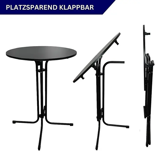 Chefgastro Garten-Stehtisch rund mit Hussen - Ø x H: 80 x 110 cm, Klappbar, Schwarz - Klappbarer, platzsparender Tisch in drei verschiedenen Ansichten.