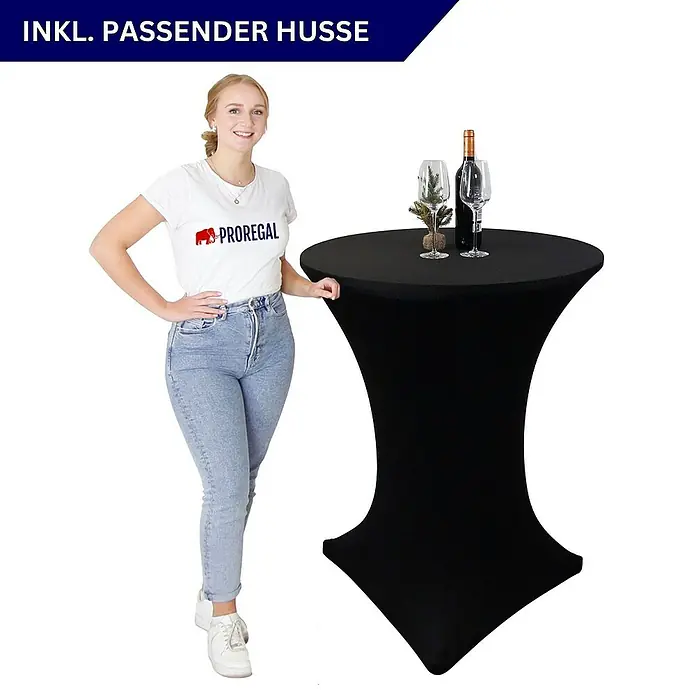 Chefgastro Garten-Stehtisch rund mit Hussen - Ø x H: 80 x 110 cm, Klappbar, Schwarz - Schwarzer Stehtisch mit Stretchhusse, inklusive Flasche und Gläser als Dekorationsbeispiel. Ideal für Veranstaltungen.