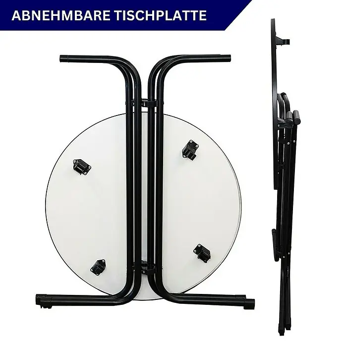 Chefgastro Garten-Stehtisch rund mit Hussen - Ø x H: 80 x 110 cm, Klappbar, Schwarz - Abnehmbare Tischplatte: Klapptisch mit weißer Platte und schwarzem Gestell, zusammengeklappt und aufgebaut dargestellt.