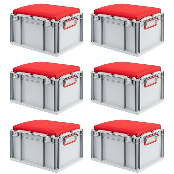 Proregal Eurobox Eurobox NextGen Seat Box Rot - L x B x H: 40 x 30 x 26,5 cm, Kunststoff, Grau, Rot - Sechs graue Aufbewahrungsboxen mit roten Sitzkissen. Die Boxen sind identisch und in einem Raster angeordnet.