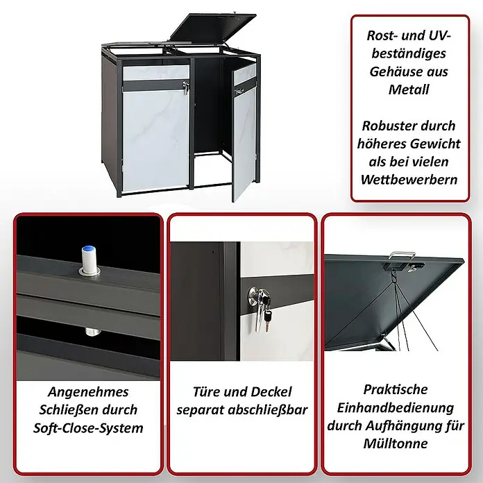 Proregal Mülltonnenbox 1er Mülltonnenverkleidung - Metall, Marmor-Optik hell, Geeignet für Anzahl Mülltonnen: 1 Stk. - Mülltonnenbox aus Metall mit Soft-Close-System, abschließbaren Türen und Deckel für einfache Mülltonnenbedienung.