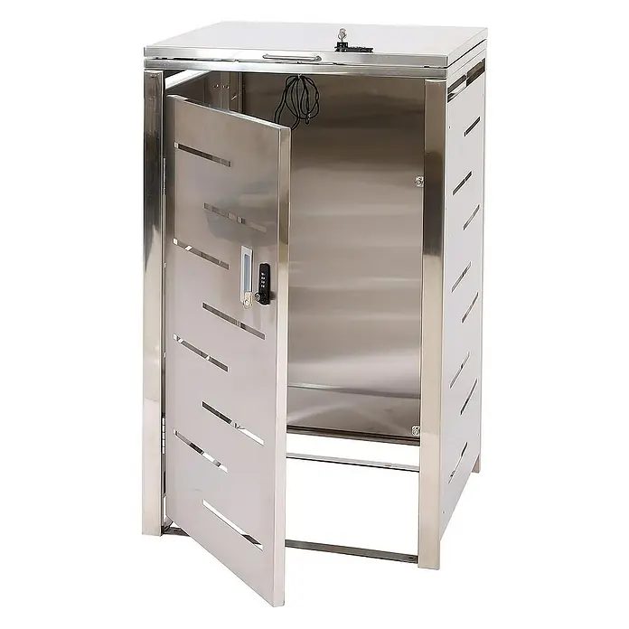 Proregal Mülltonnenbox 1er-Mülltonnenverkleidung - Metall, Edelstahl, Geeignet für Anzahl Mülltonnen: 1 Stk. - Metallschrank mit geöffneter Tür und digitalem Schloss. Der Schrank hat seitliche Schlitze und eine glänzende Oberfläche.