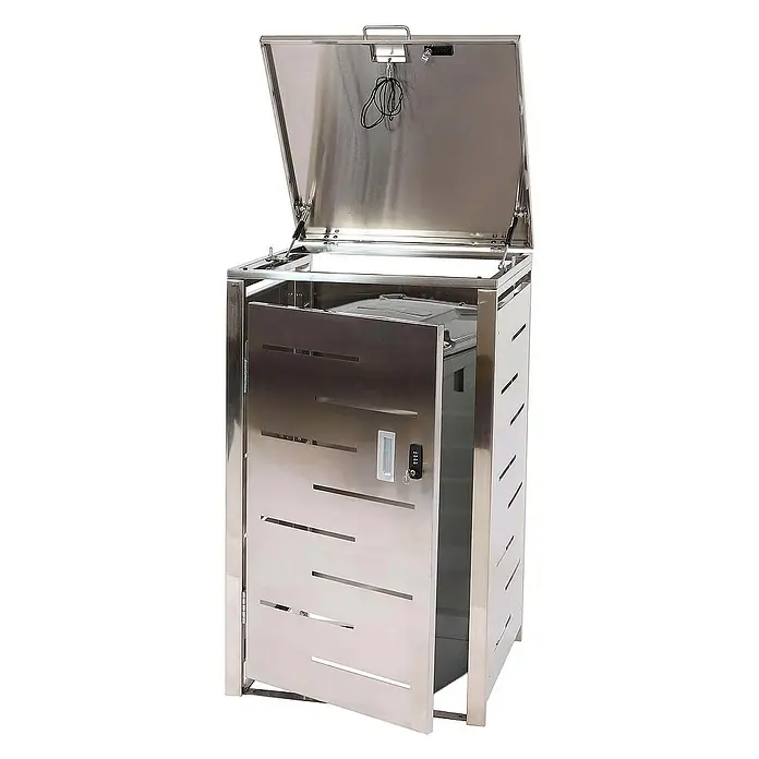Proregal Mülltonnenbox 1er-Mülltonnenverkleidung - Metall, Edelstahl, Geeignet für Anzahl Mülltonnen: 1 Stk. - Das Bild zeigt einen abschließbaren Mülltonnenbox aus Edelstahl mit geöffneter Tür und Deckel, ideal für den Außenbereich.