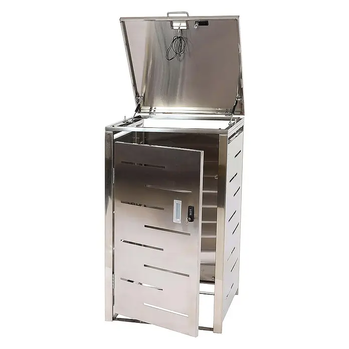 Proregal Mülltonnenbox 1er-Mülltonnenverkleidung - Metall, Edelstahl, Geeignet für Anzahl Mülltonnen: 1 Stk. - Edelstahl-Box mit offenem Deckel und Tür, ideal für den Außenbereich. Robuste Konstruktion mit Schloss für zusätzliche Sicherheit.