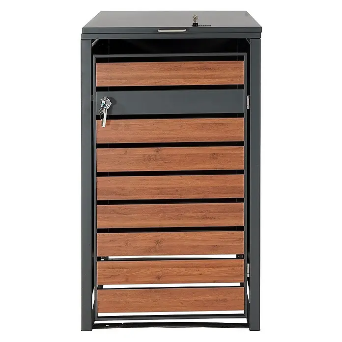 Proregal Mülltonnenbox XL 1er/2er-Mülltonnenverkleidung - 73 x 98 cm, Metall, Kirsche-Holzoptik Dunkelbraun, Geeignet für Anzahl Mülltonnen: 2 Stk. - Abfalltonnenbox mit Holzlattenfront und abschließbarem Deckel, ideal für den Außenbereich.